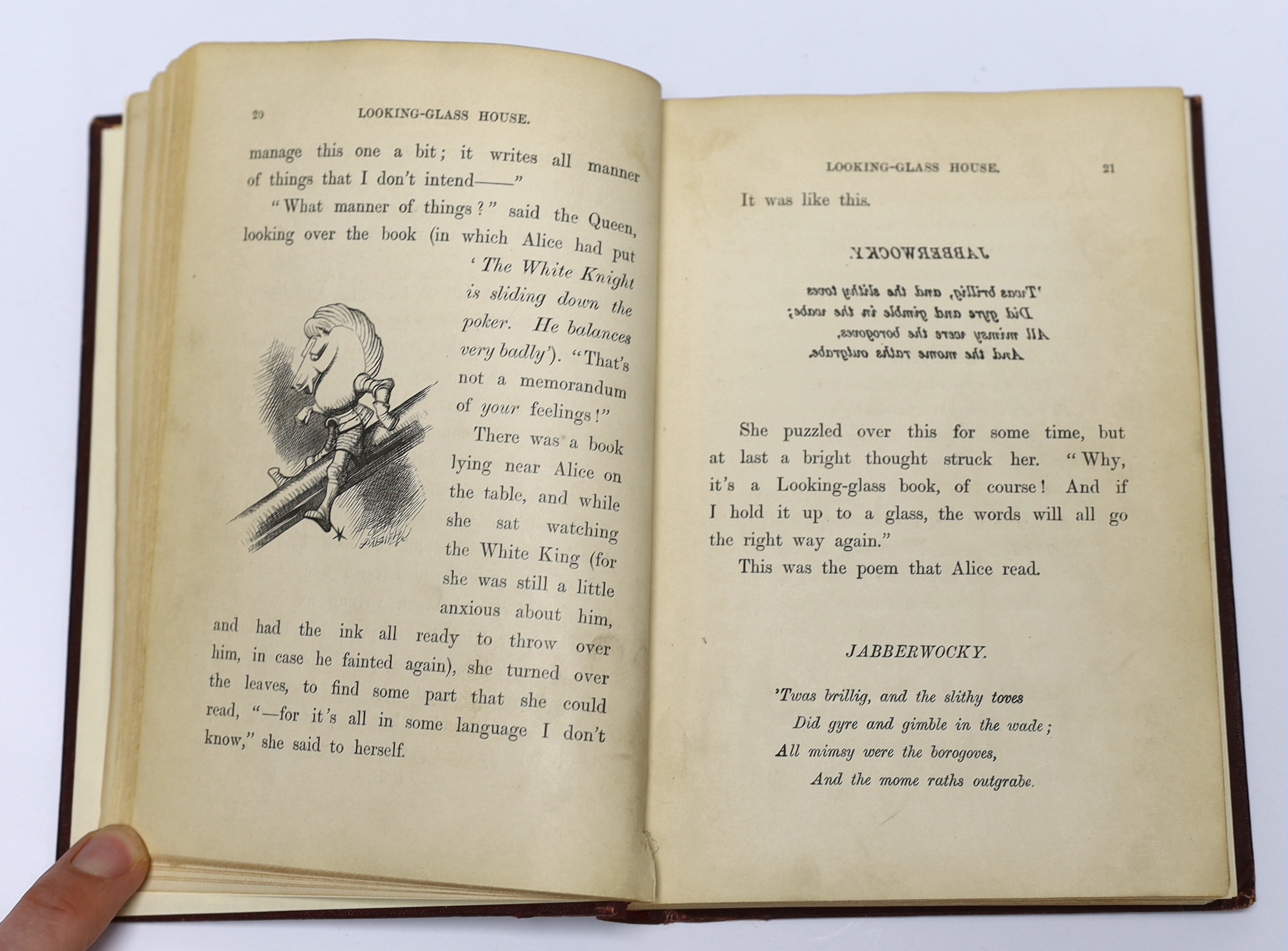 Dodgson, Charles Lutwidge [Carroll, Lewis] - Through the Looking Glass and What Alice Found There, 1st edition, 1st issue, 8vo, rebound red cloth, wood engraved frontispiece and 49 others by John Tenniel, 1p. of advertis